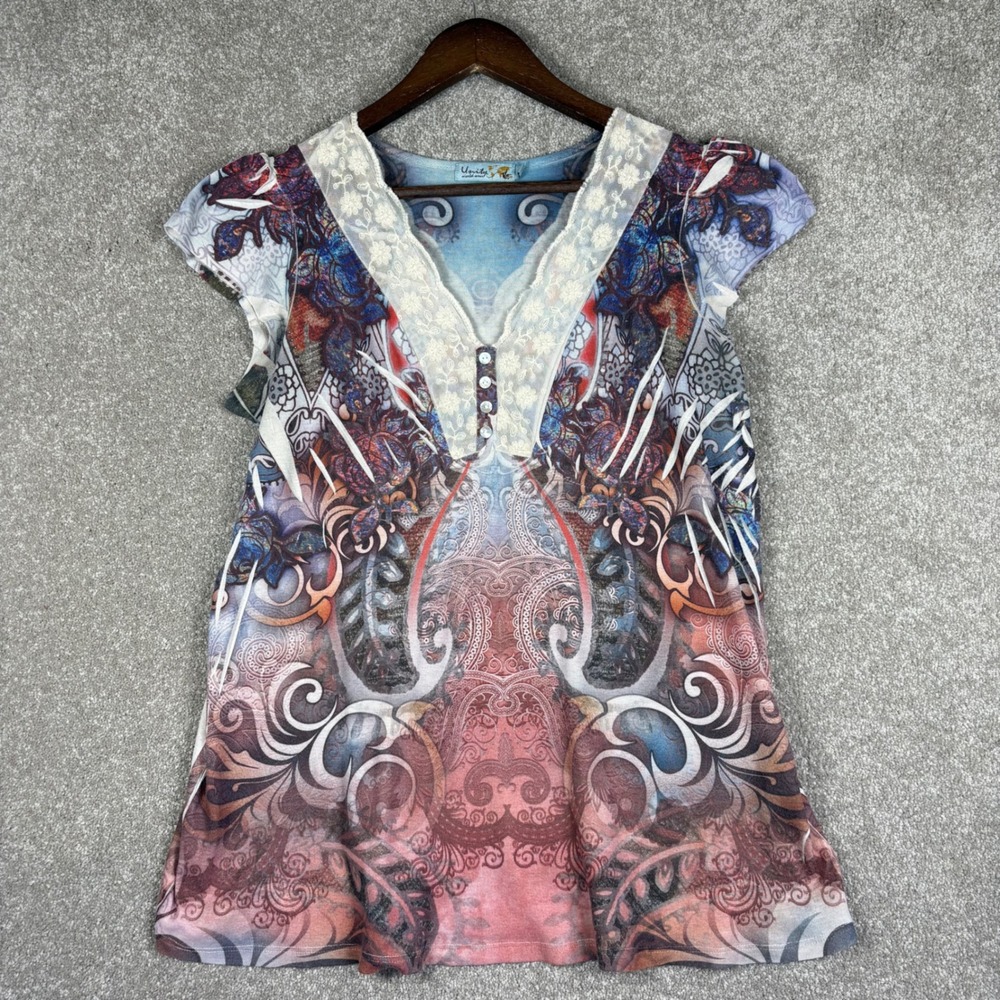 Unity World Wear Womens Large Blue Red Paisley Lace V-Neck Cap Sleeve Top